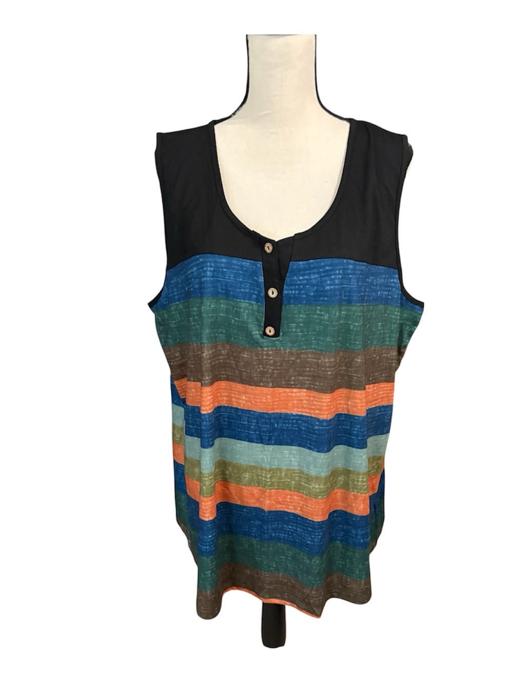 BloomChic Black Yoke Striped Henley Tank - Blue Green Orange Brown